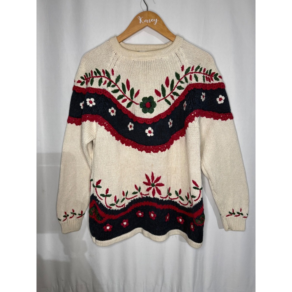 Vintage Accordeon Floral Embroidered Knit Sweater Cream Navy Red Ramie Cotton M